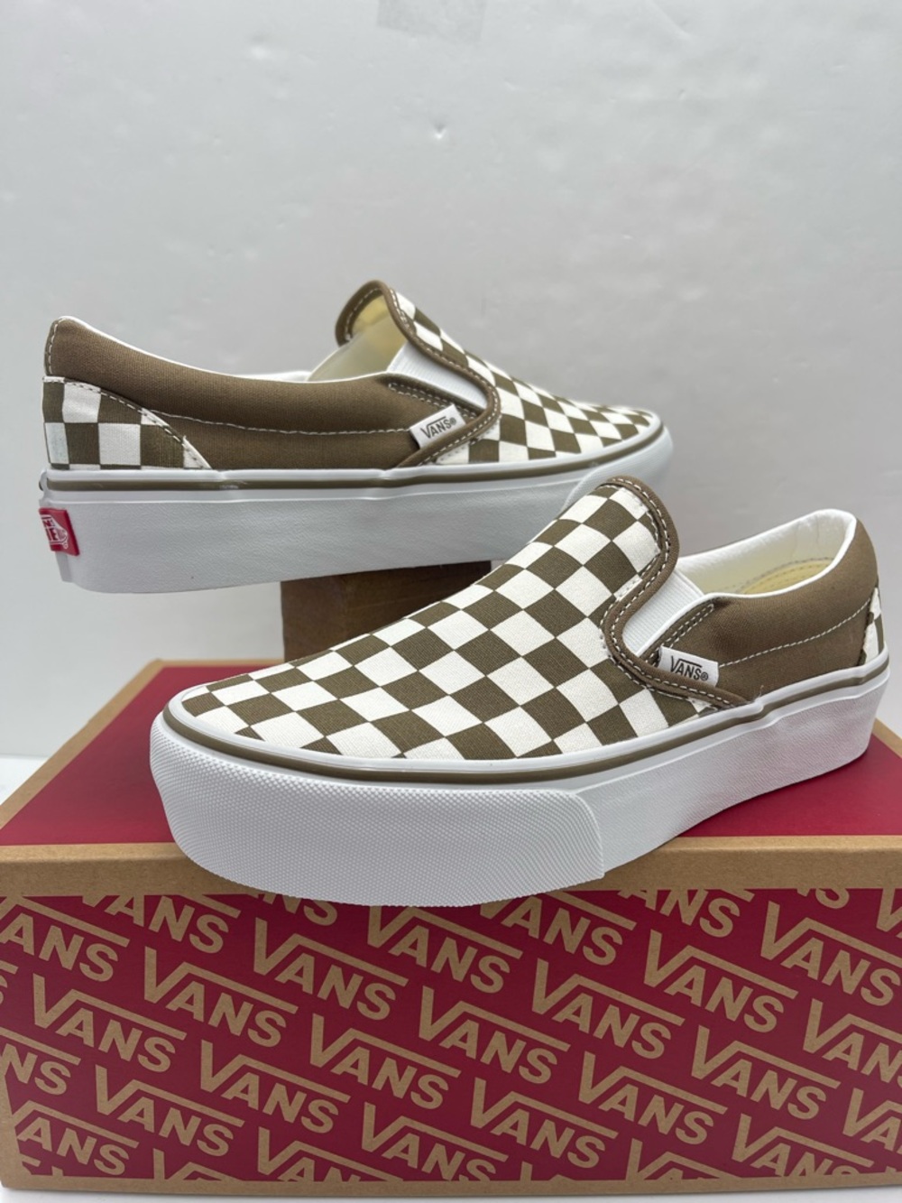 Vans Slip-On Platform Sneakers Checkerboard Sepia Brown VN00018E0E0 New - Picture 6 of 16
